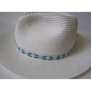 Beaded Hat Band White, Teals, Gray & Silver w/ Leather